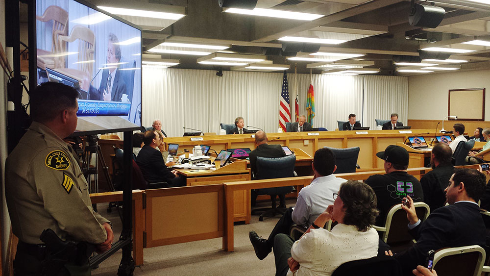 Santa Cruz County Board of Supervisors. Left to right: Bruce McPherson, 5th District; John Leopold, 1st; Greg Caput, 4th; Zach Friend, 2nd; and Ryan Coonerty, 3rd