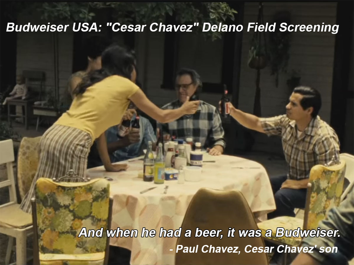 Image from a video on YouTube published by Budweiser. The caption on YouTube reads: Watch as Budweiser hosts a field screening of the "Cesar Chavez" film in Delano for farm workers that were instrumental in the movement. Courtesy of www.budlight.com