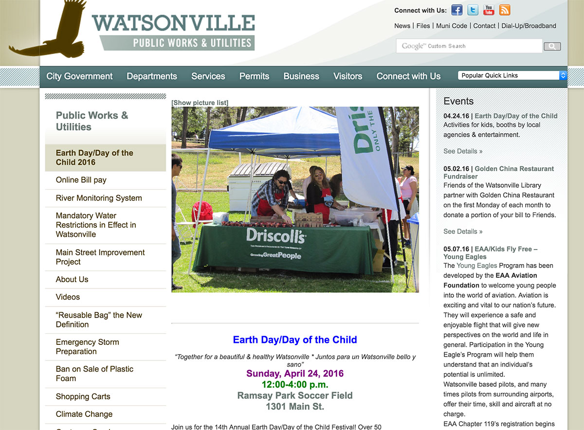 An announcement for Watsonville Earth Day 2016 on the city's website features a large photo of Driscoll's booth and their slogan "Growing Great People."