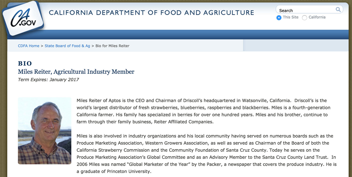Miles Reiter’s biography for the California State Board of Food and Agriculture.
