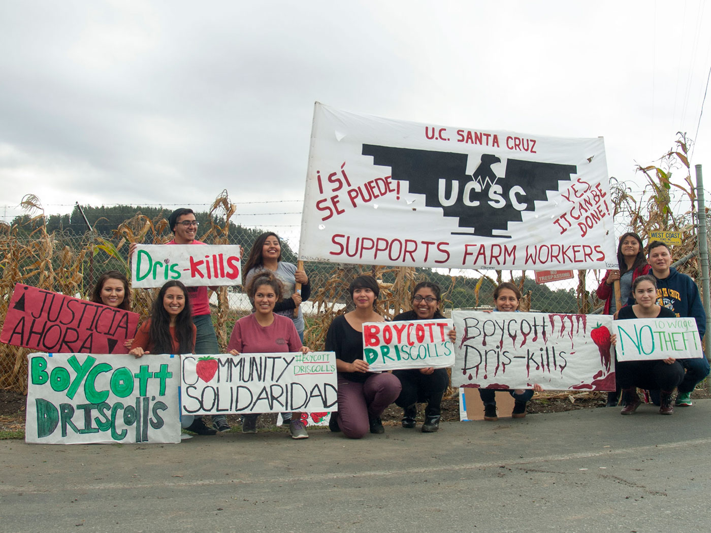 UCSC Movimiento Estudiantil Chicano de Aztlán (MEChA) students display homemade signs in solidarity with San Quintín farmworkers in front of the Driscoll's Distribution Center in Aromas, California on October 15, 2016.