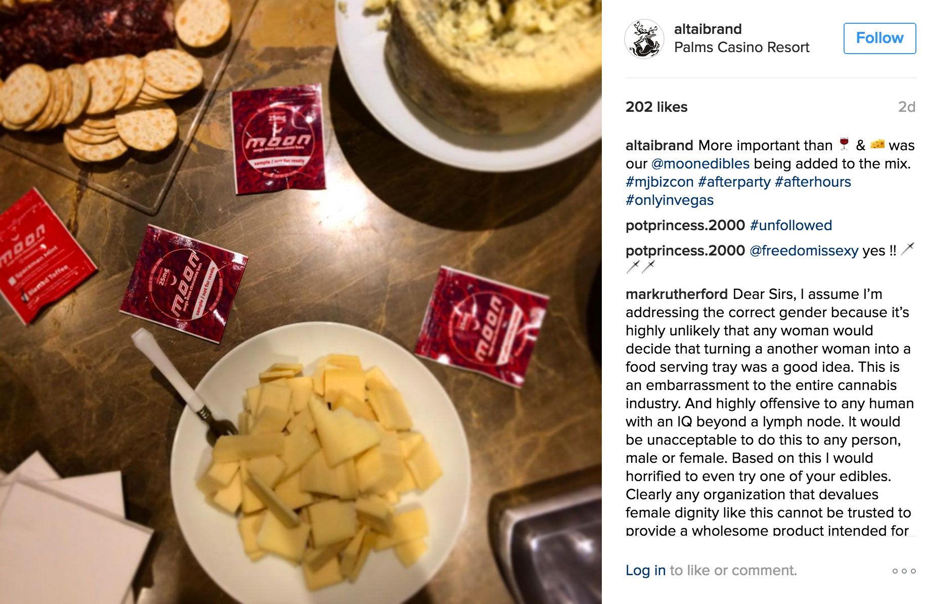 A November 19 post on Instagram by Altai Brands makes no mention of the woman they used as a meat platter at their after-party on November 17. The Altai Brands photo caption says, "More important than wine & cheese was our Moon Edibles being added to the mix. #mjbizcon #afterparty #afterhours #onlyinvegas"