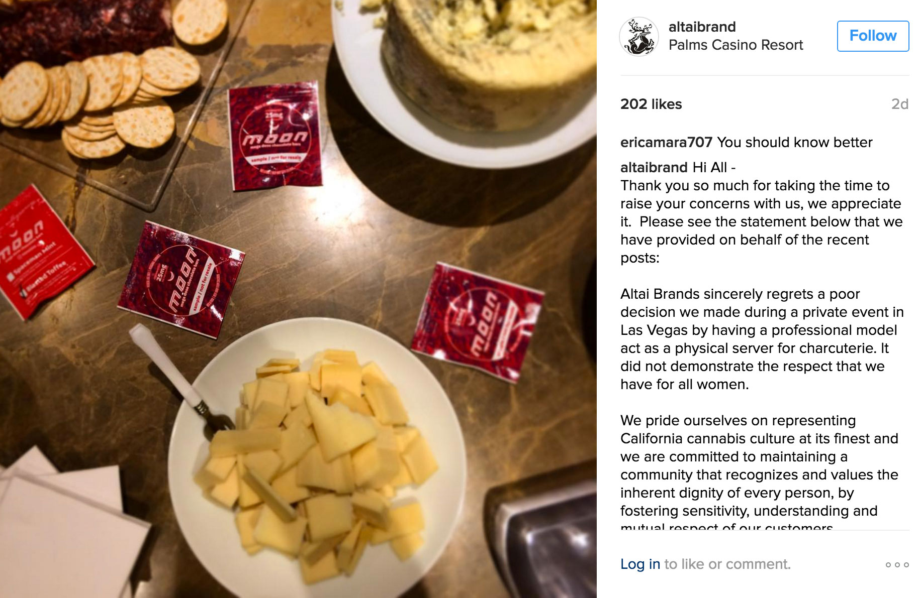 Altai Brands released their public relations statement as a comment to their after-party photo of their cannabis chocolates, salami, cheese, and crackers.