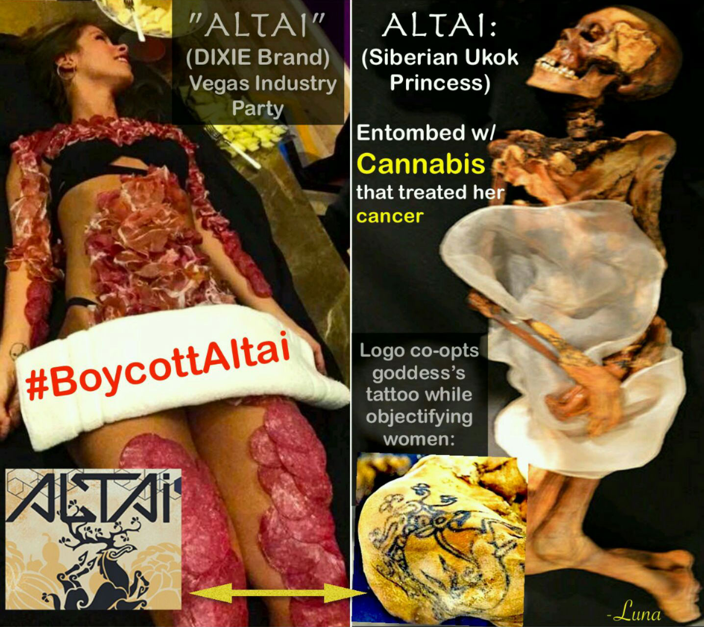 Boycott Altai Brands. Graphic design by Luna.